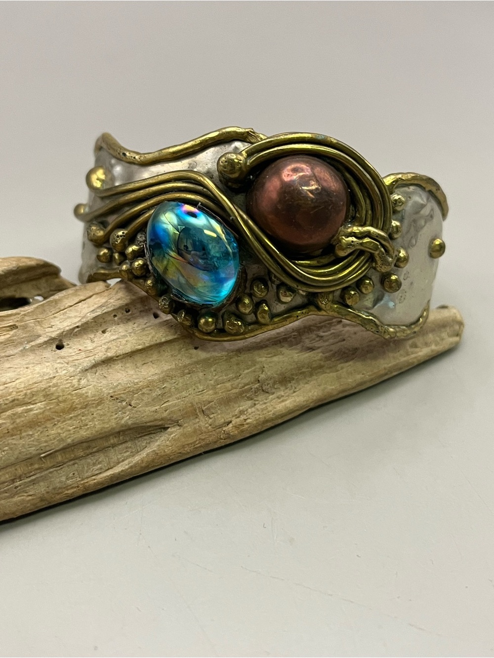 Artisan Mixed Metal Cuff Bracelet Brass Silver Dichroic Glass Pearl Boho Stateme
